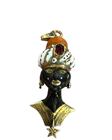 Antique 1800s Blackamoor Solid Gold Coral Enamel Pendant  Italy Ruby Coral