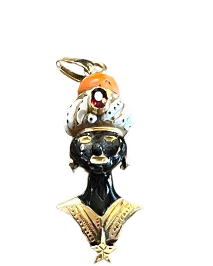 Antique 1800s Blackamoor Solid Gold Coral Enamel Pendant  Italy Ruby Coral