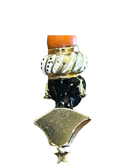 Antique 1800s Blackamoor Solid Gold Coral Enamel Pendant  Italy Ruby Coral