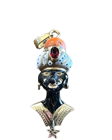 Antique 1800s Blackamoor Solid Gold Coral Enamel Pendant  Italy Ruby Coral