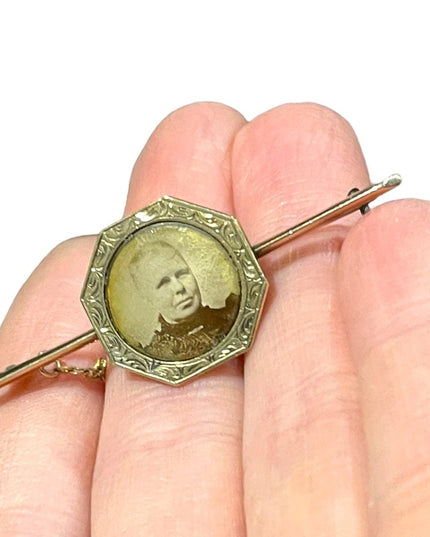 Antique Victorian 19k Solid Rose Gold Bar brooch w photo locket 1800s European