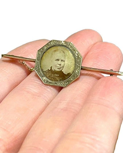 Antique Victorian 19k Solid Rose Gold Bar brooch w photo locket 1800s European