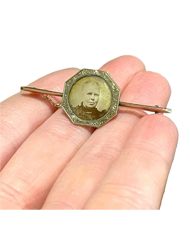 Antique Victorian 19k Solid Rose Gold Bar brooch w photo locket 1800s European