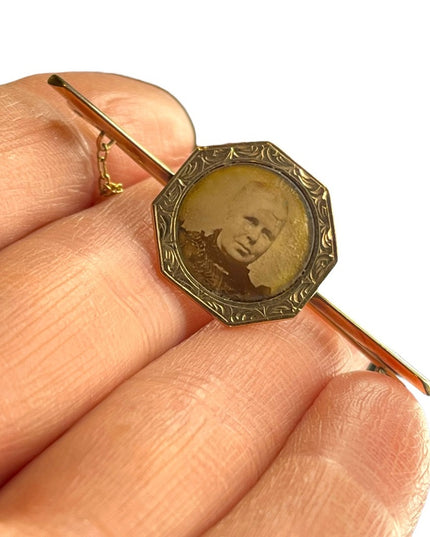 Antique Victorian 19k Solid Rose Gold Bar brooch w photo locket 1800s European