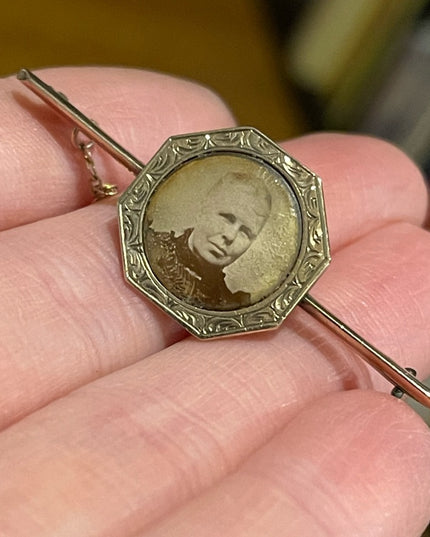 Antique Victorian 19k Solid Rose Gold Bar brooch w photo locket 1800s European