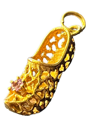 Vintage 10k Solid Gold Slipper shoe with pink stone