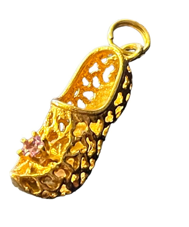Vintage 10k Solid Gold Slipper shoe with pink stone
