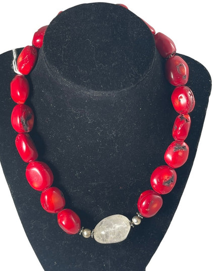 Heavy Bamboo coral & clear quarts large chunky modernist necklace