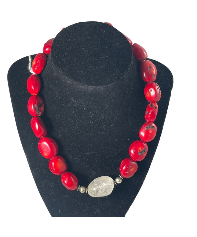 Heavy Bamboo coral & clear quarts large chunky modernist necklace