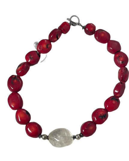 Heavy Bamboo coral & clear quarts large chunky modernist necklace
