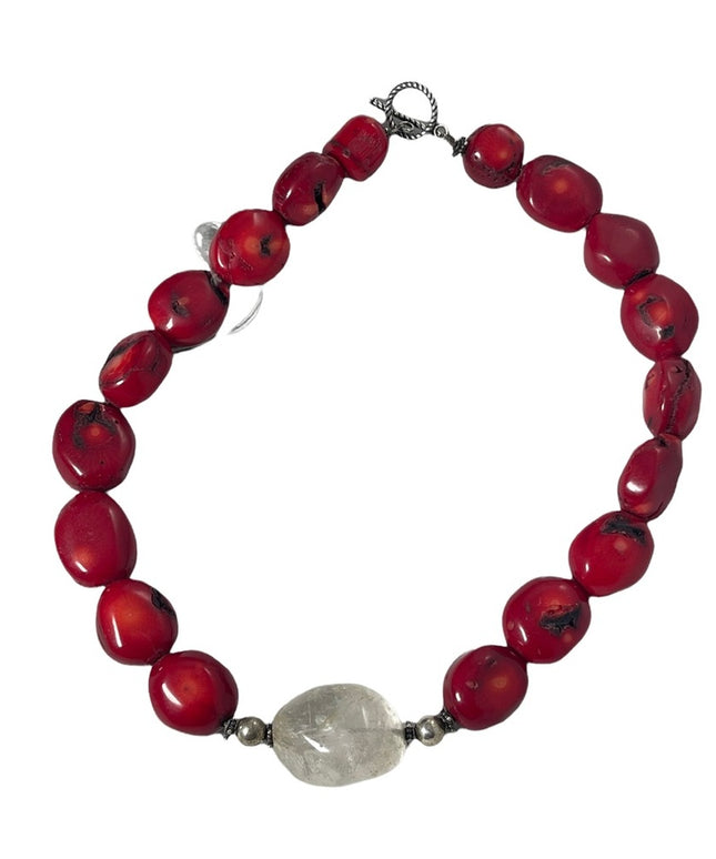 Heavy Bamboo coral & clear quarts large chunky modernist necklace