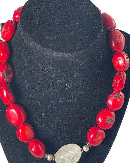 Heavy Bamboo coral & clear quarts large chunky modernist necklace