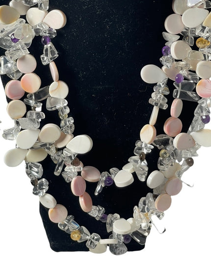 Lovely Coral Quarts Amethyst citrine topaz stone 3 strand necklace sterling