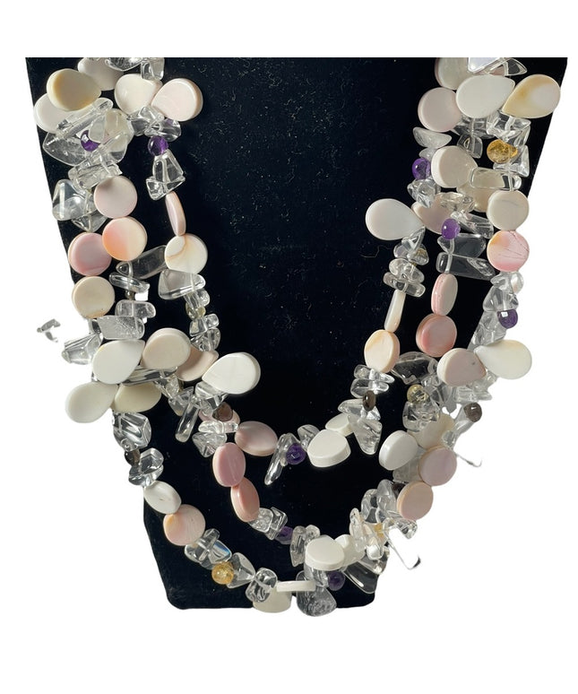 Lovely Coral Quarts Amethyst citrine topaz stone 3 strand necklace sterling