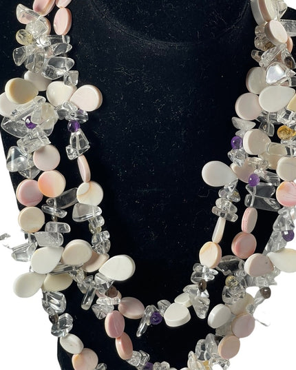 Lovely Coral Quarts Amethyst citrine topaz stone 3 strand necklace sterling