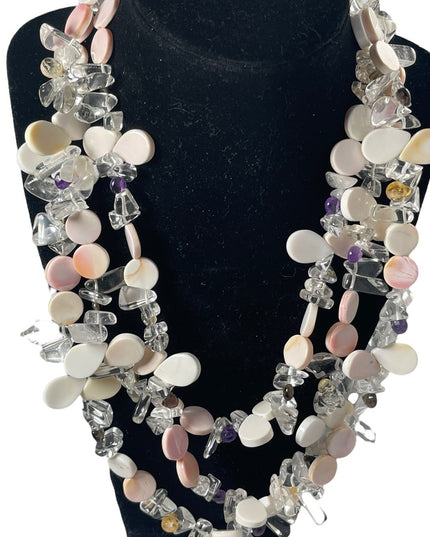 Lovely Coral Quarts Amethyst citrine topaz stone 3 strand necklace sterling