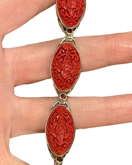- Sajen sterling silver 925 fancy carved coral bracelet with garnets