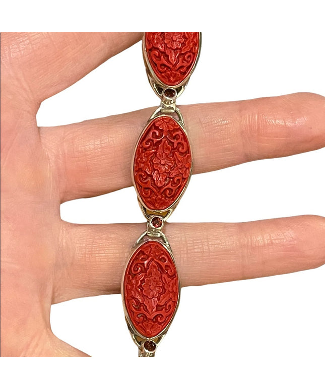 - Sajen sterling silver 925 fancy carved coral bracelet with garnets