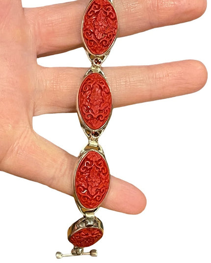- Sajen sterling silver 925 fancy carved coral bracelet with garnets