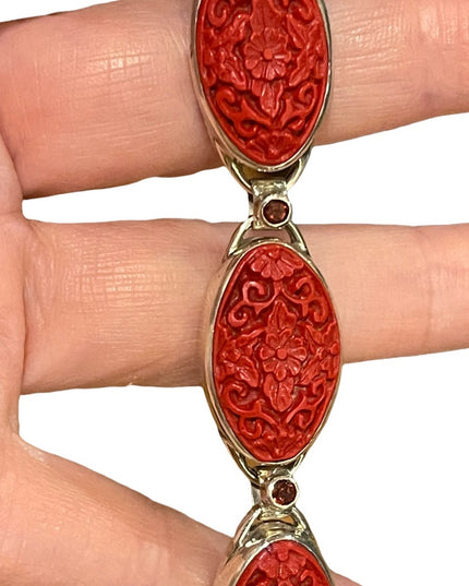 - Sajen sterling silver 925 fancy carved coral bracelet with garnets