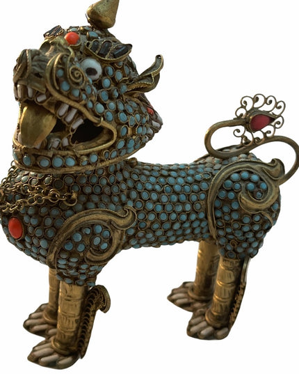 VTG Gild Filagree Fu Foo Dog Coral & Turquoise