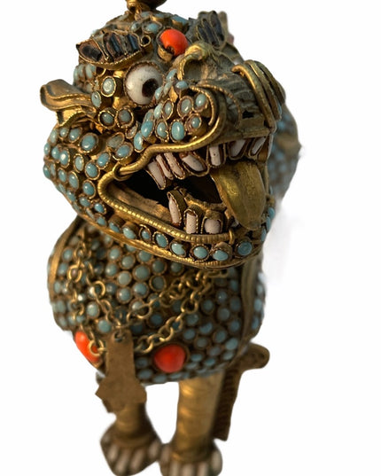 VTG Gild Filagree Fu Foo Dog Coral & Turquoise