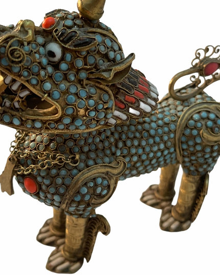 VTG Gild Filagree Fu Foo Dog Coral & Turquoise