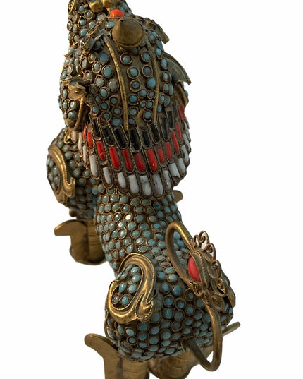 VTG Gild Filagree Fu Foo Dog Coral & Turquoise