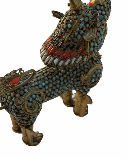 VTG Gild Filagree Fu Foo Dog Coral & Turquoise