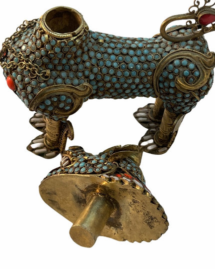 VTG Gild Filagree Fu Foo Dog Coral & Turquoise