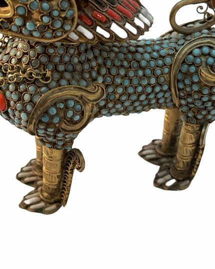VTG Gild Filagree Fu Foo Dog Coral & Turquoise