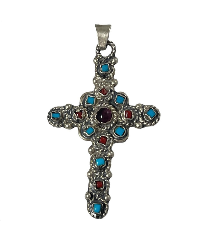 Vintage Sterling silver 925 Coral turquois amethyst cross pendant Southwestern