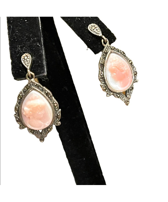- Vintage Sterling silver 925 Stunning marcasite real coral shell cameo earrings