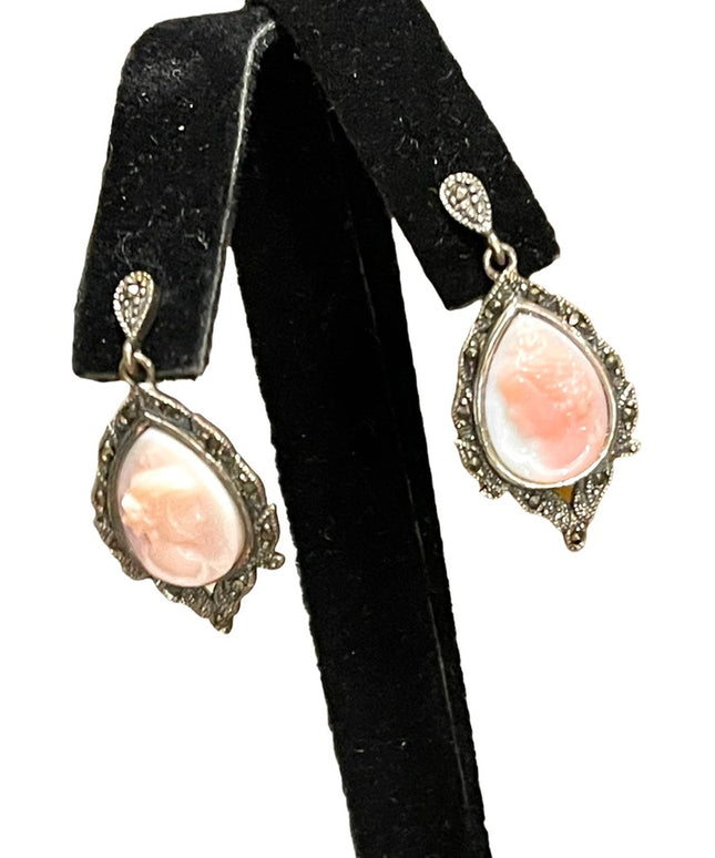 - Vintage Sterling silver 925 Stunning marcasite real coral shell cameo earrings