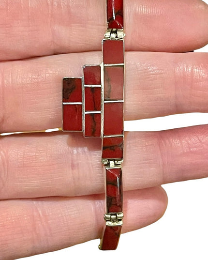 Vintage sterling silver 925 Mexico Red Jasper fancy link bracelet