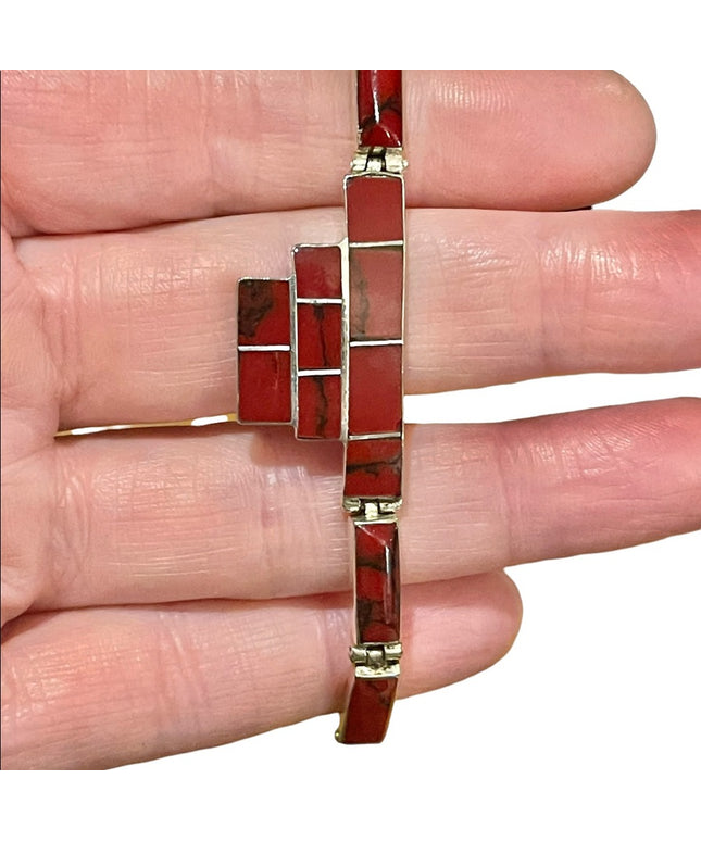 Vintage sterling silver 925 Mexico Red Jasper fancy link bracelet