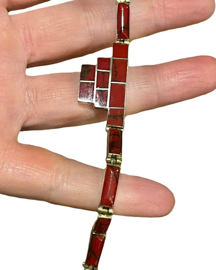 Vintage sterling silver 925 Mexico Red Jasper fancy link bracelet