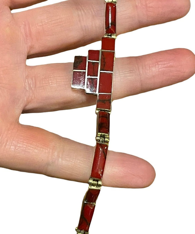 Vintage sterling silver 925 Mexico Red Jasper fancy link bracelet