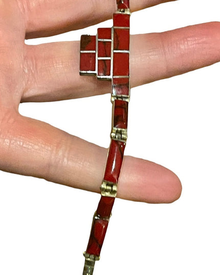 Vintage sterling silver 925 Mexico Red Jasper fancy link bracelet