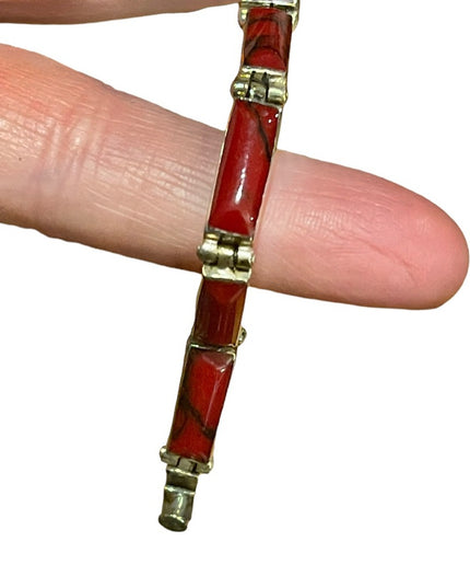 Vintage sterling silver 925 Mexico Red Jasper fancy link bracelet