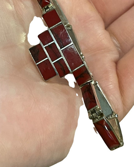 Vintage sterling silver 925 Mexico Red Jasper fancy link bracelet