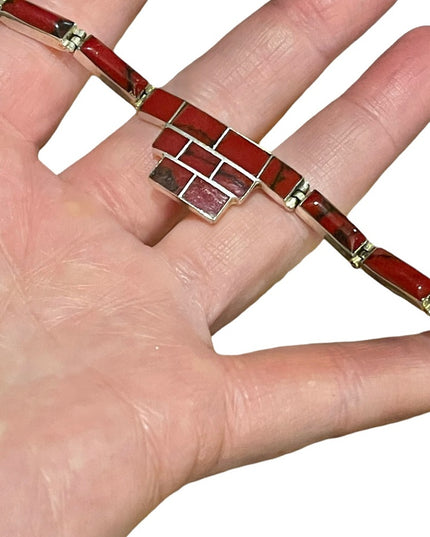 Vintage sterling silver 925 Mexico Red Jasper fancy link bracelet