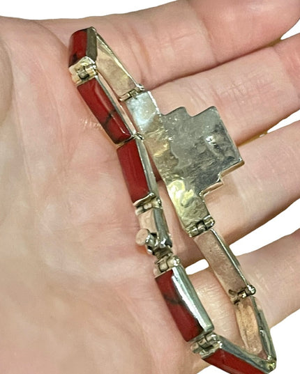 Vintage sterling silver 925 Mexico Red Jasper fancy link bracelet