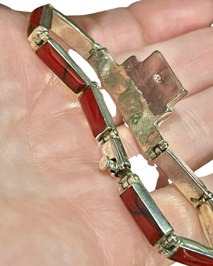 Vintage sterling silver 925 Mexico Red Jasper fancy link bracelet