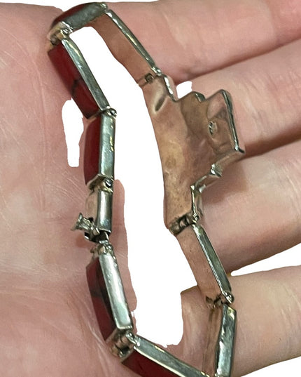 Vintage sterling silver 925 Mexico Red Jasper fancy link bracelet