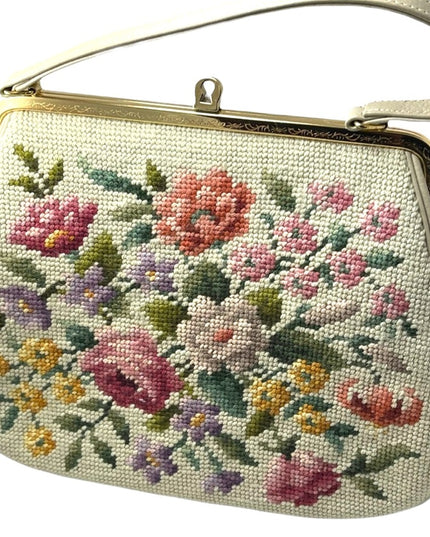 Vintage Needlepoint flowers purse with gold etched kiss lock