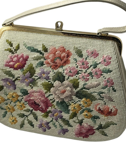 Vintage Needlepoint flowers purse with gold etched kiss lock