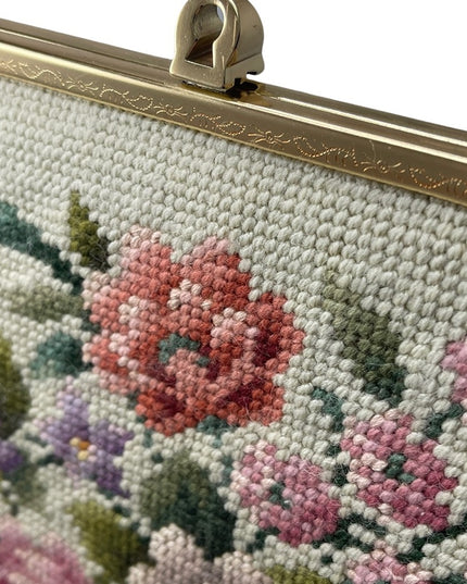 Vintage Needlepoint flowers purse with gold etched kiss lock
