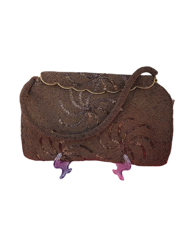 Vintage 1950s Brown beaded purse evening bag