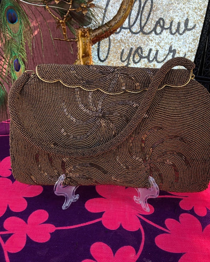 Vintage 1950s Brown beaded purse evening bag